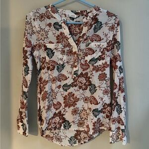 Carve Designs Cream Henley Blouse with Rust Floral and Green Leaves